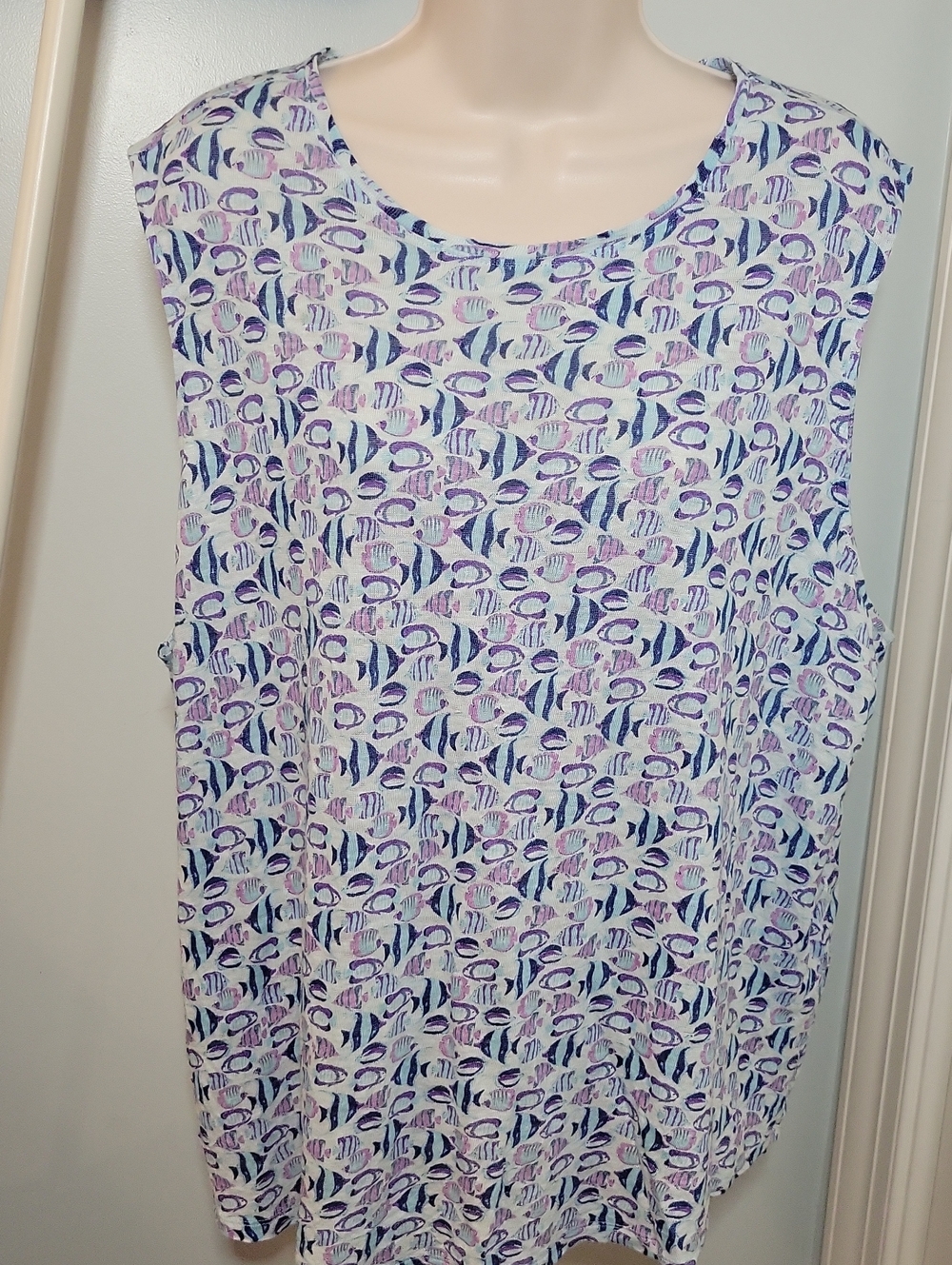 J. Jill Love Linen Relaxed Fit Fish Print Tank In Purple, Blue And Navy Size 2X